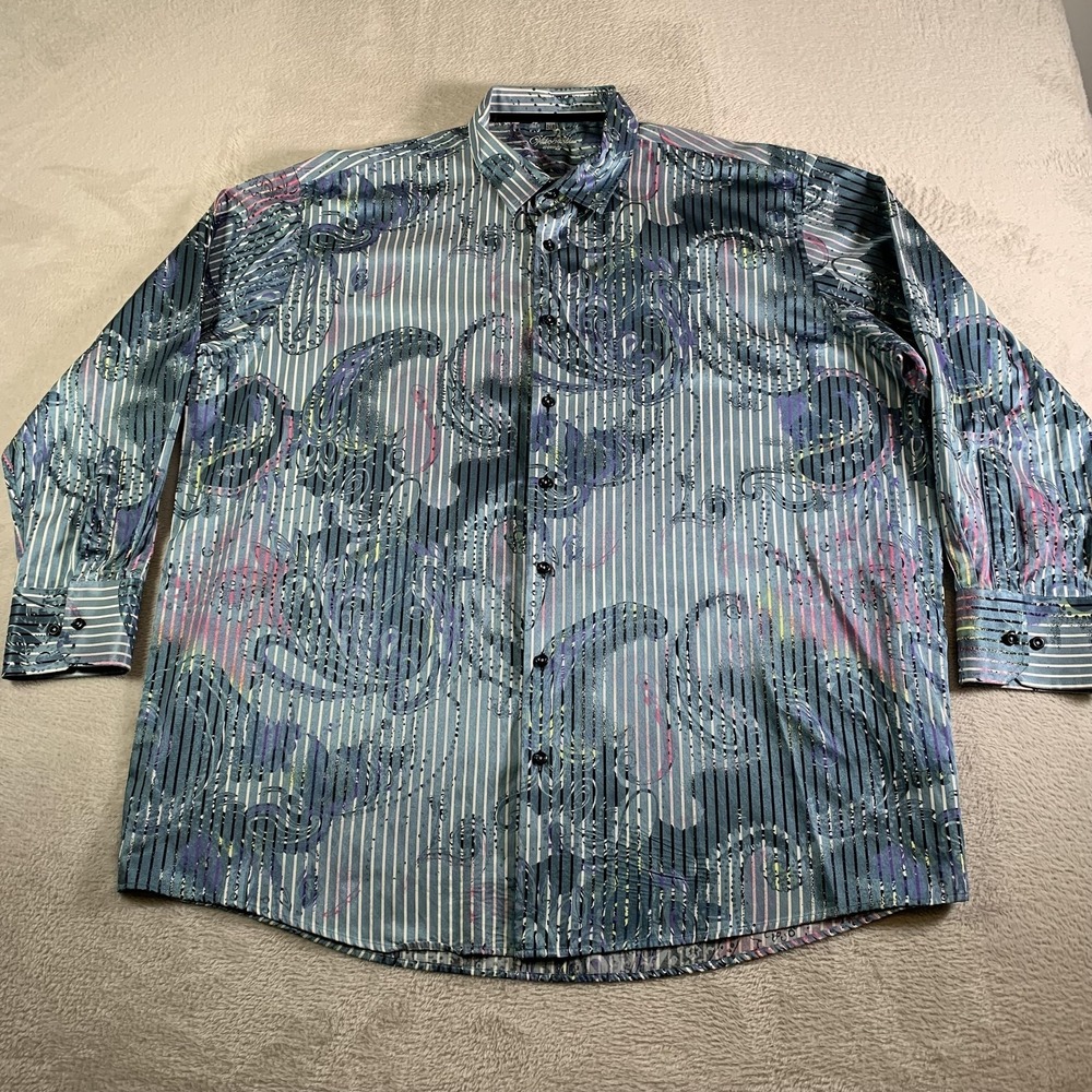 Visconti Shirt Mens Big 2X Blue Paisley Stripe Button‎ Up Long Sleeve Casual